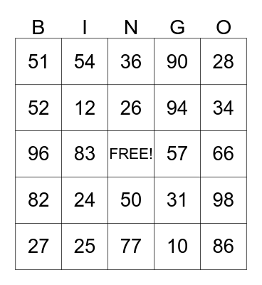 NUMBER BINGO Card