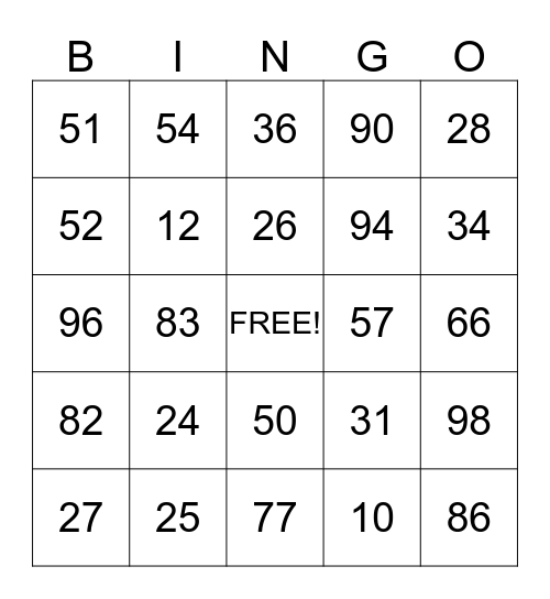 NUMBER BINGO Card