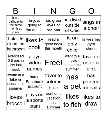 BACK TO SCHOOL Bingo Card