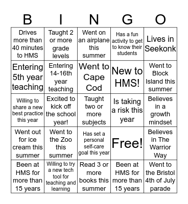 First Week Fun! Bingo Card