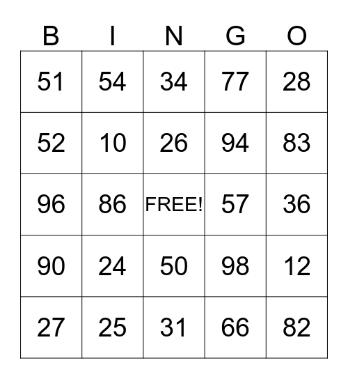 NUMBER BINGO Card