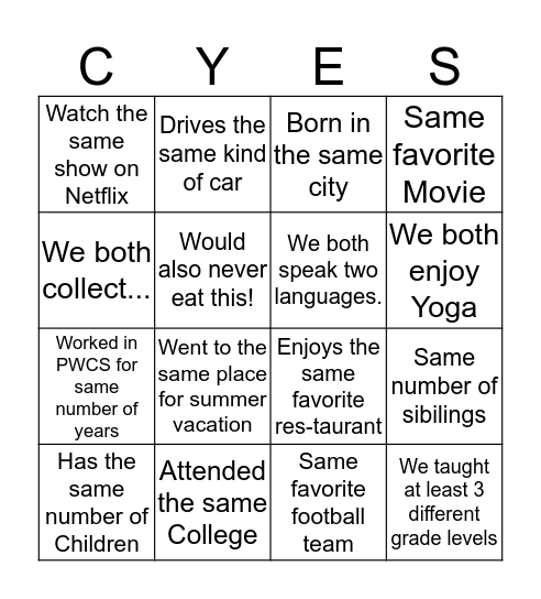 CYES Bingo! Bingo Card