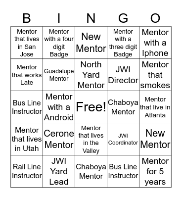 JWI Mentor Bingo Card