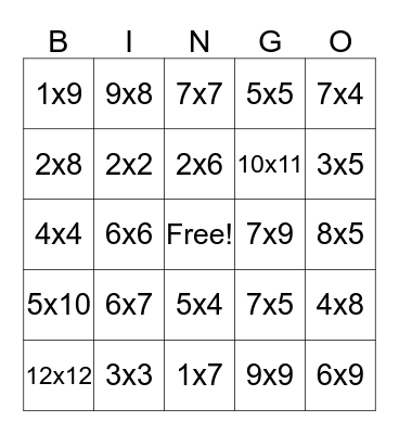 Multiplication BINGO Card