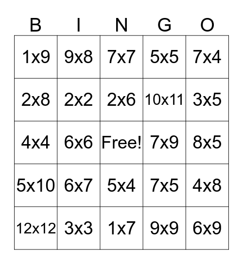 Multiplication BINGO Card