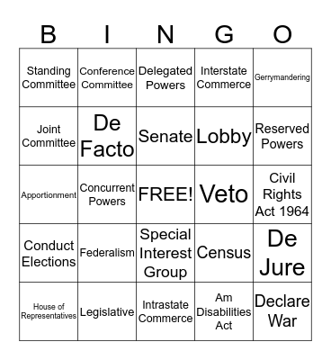 Federalism and Legislative Branch Bingo Card