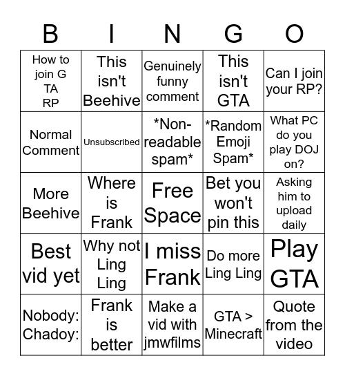Chadoy Comment Section Bingo Card