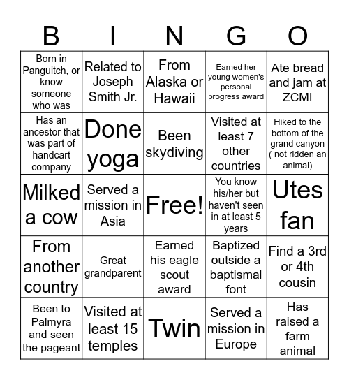 BYU Education week BINGO - find someone not in  your party who fits the description! Bingo Card