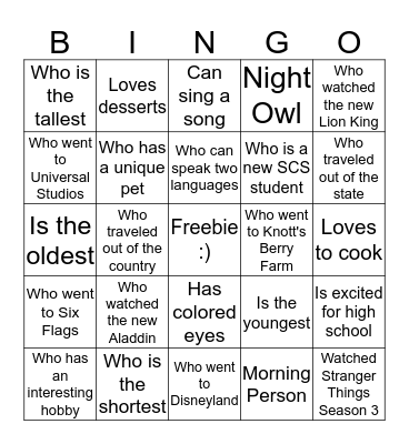English 1 Honors - Summer Break Bingo  Bingo Card