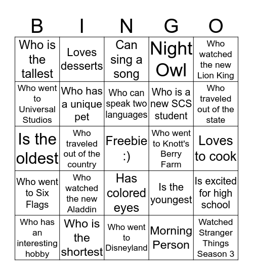 English 1 Honors - Summer Break Bingo  Bingo Card