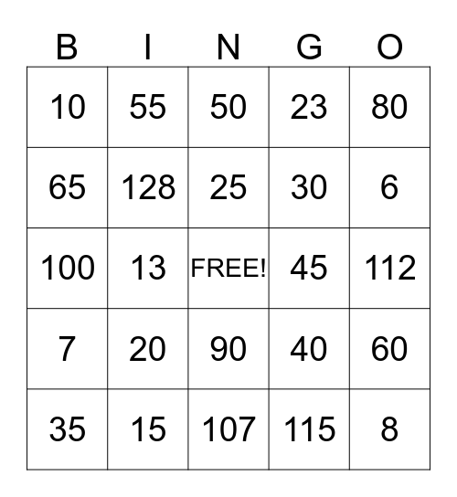 NUMBER BINGO Card