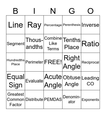 Math Bingo Card