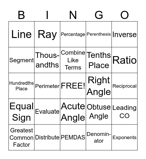 Math Bingo Card