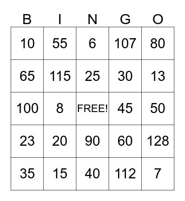 NUMBER BINGO Card