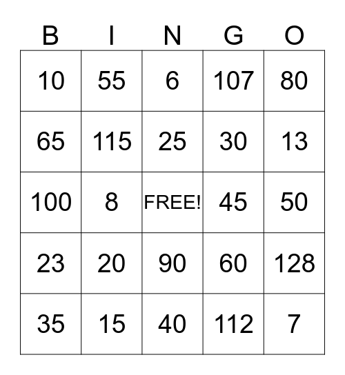 NUMBER BINGO Card