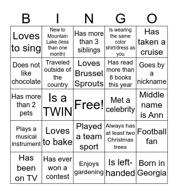 Getting to Know You Bingo Card