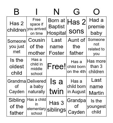 Welcome Baby Cayden Bingo Card