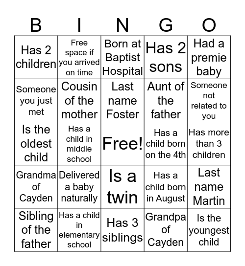 Welcome Baby Cayden Bingo Card