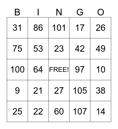 NUMBER BINGO Card