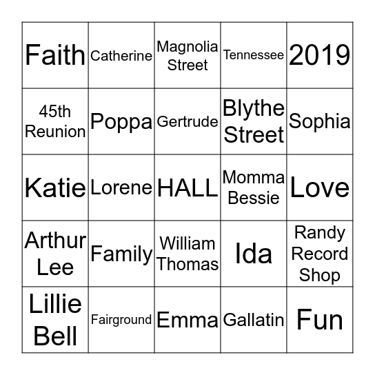 Hall Family Bingo 2019 Bingo Card