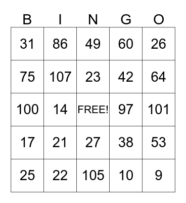 NUMBER BINGO Card