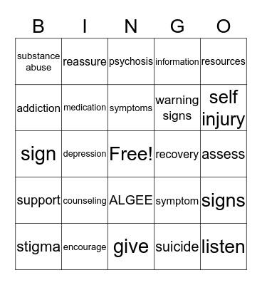 Mental Health First Aid Bingo Card