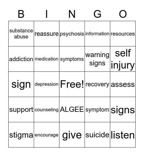 Mental Health First Aid Bingo Card