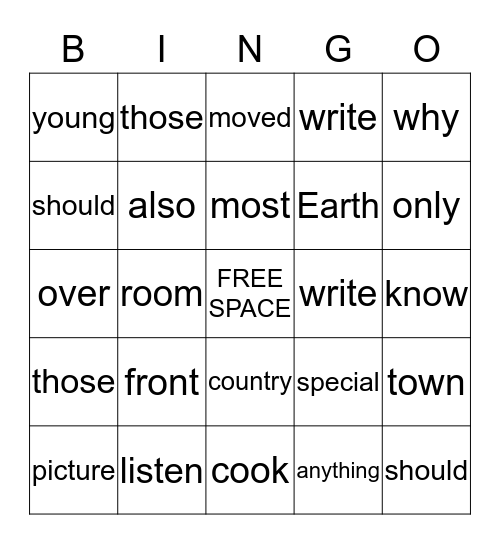 SIGHT WORD Bingo Card