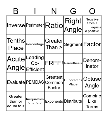 Math Bingo Card