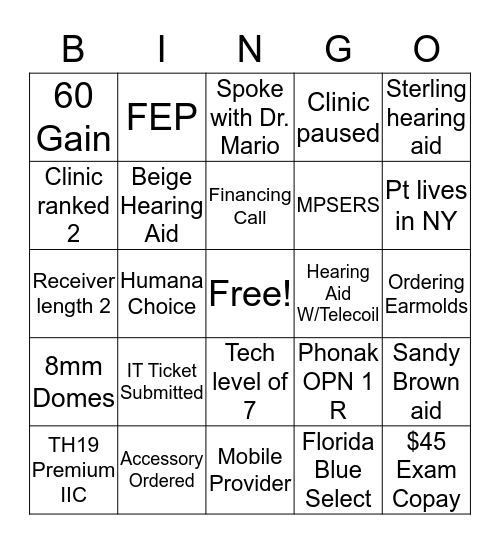 Provider Support Bingo Card