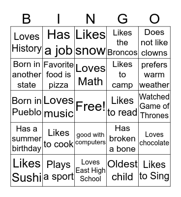 First Week Bingo Card