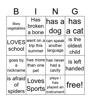 Getting To Know You Bingo Card