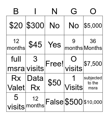 Value Plan  Bingo Card