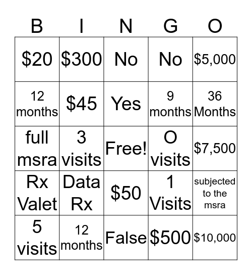 Value Plan  Bingo Card