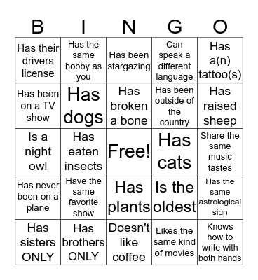 Getting to know you BINGO Card