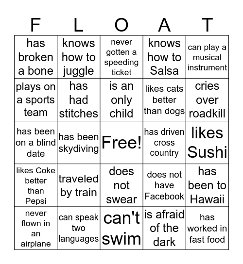 Float Bingo Card