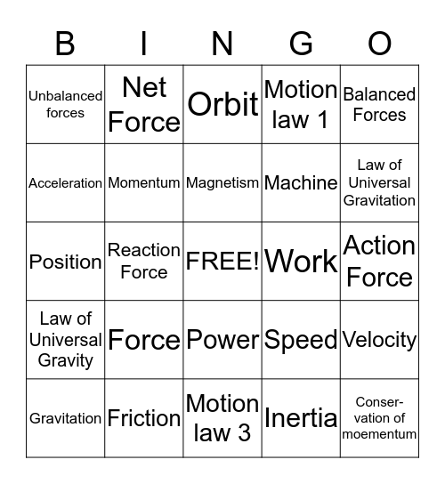 Motion and Force Bingo. Bingo Card