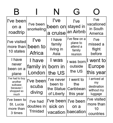 Travel Bingo!  Bingo Card
