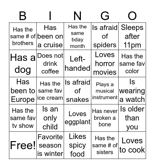 International Potluck Bingo Card