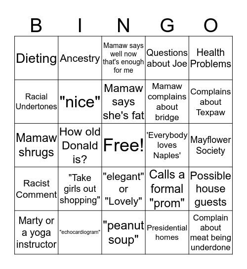 Dinner with the Grandparents Bingo Card