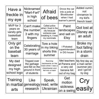 Fairmount's Interesting & Surprising  Bingo Card