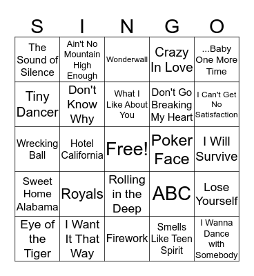 SINGO Bingo Card