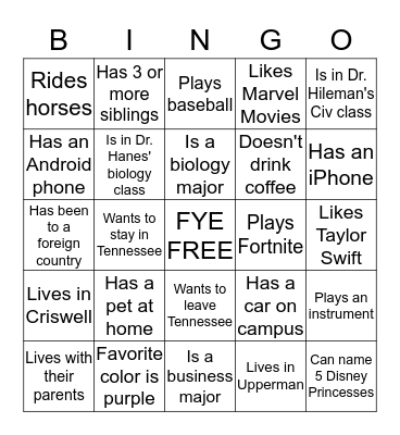 FYE Bingo Card