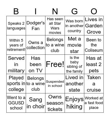 Welcome Back Bingo Card