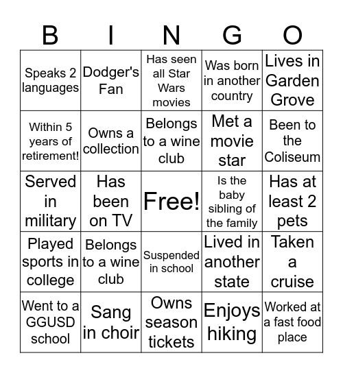 Welcome Back Bingo Card