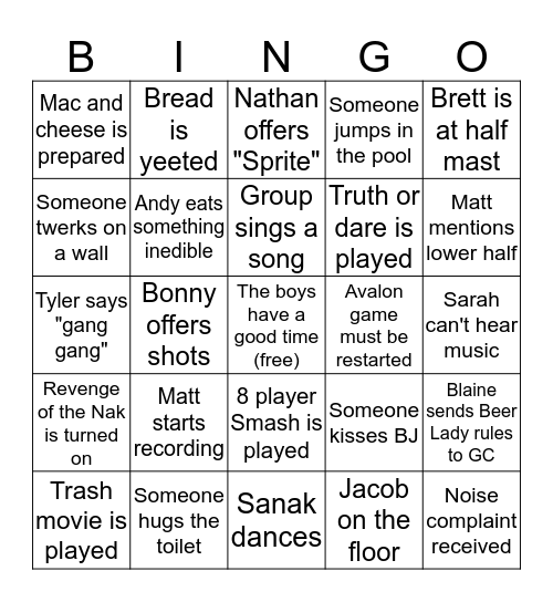 Bingo With The Boys Bingo Card