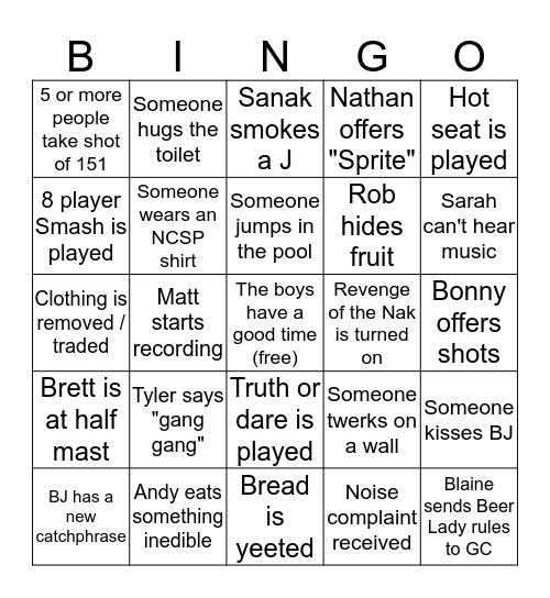 Bingo With The Boys Bingo Card