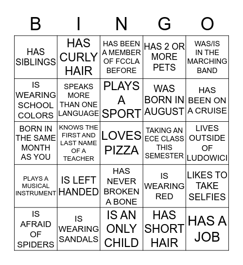 Get to Know Your FCCLA Members Bingo Card