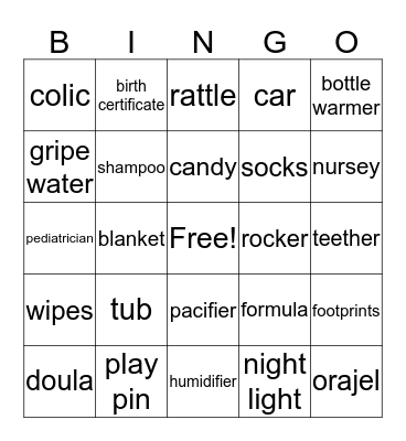 Javanni's Baby Shower Bingo Card