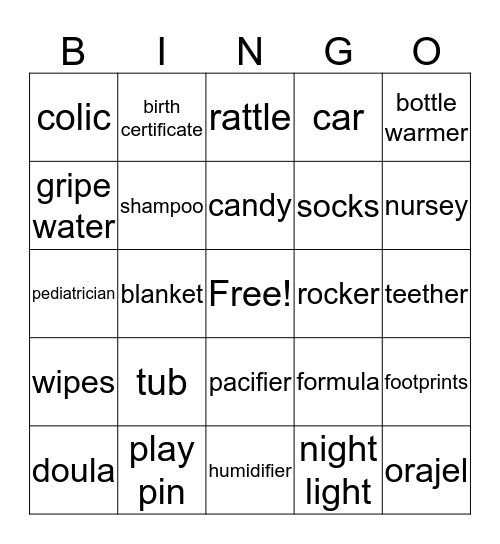 Javanni's Baby Shower Bingo Card
